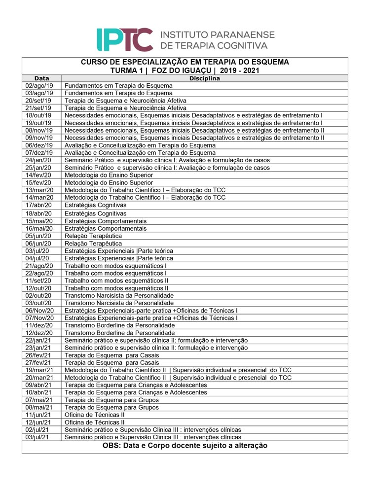 Cronograma Terapia do Esquema Turma 01 - IPTC