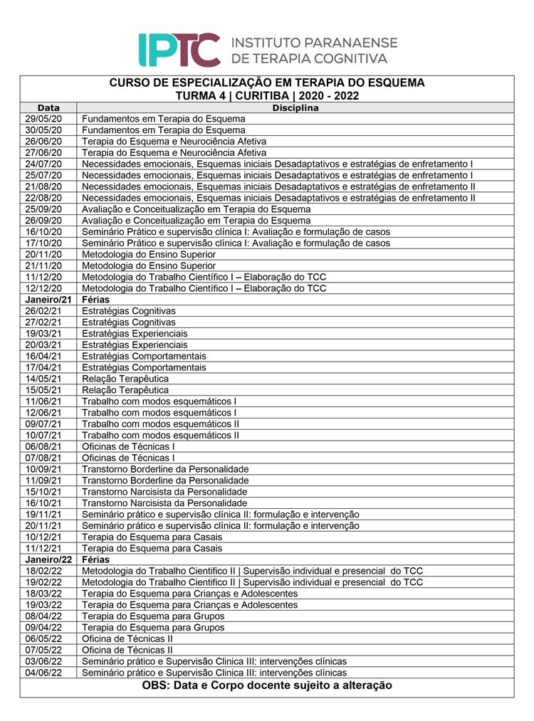Cronograma Especialização em Terapia do Esquema Turma 4 - IPTC