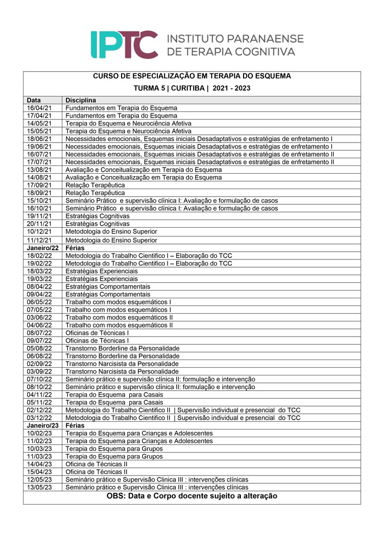 Cronograma Terapia do Esquema Turma 05 - IPTC